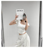 New Bright Line White T-shirt Women Fashion Slim Square Neck Short Sleeve Cropped Tops