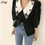 Embroidery Women Blouse Summer Sweet Peter Pan Collar Shirt Female Elegant Design Button Up Puff Short Sleeve Crop