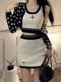 Knitted 3 Piece Set Women Long Sleeve Cardigan Coat + Camisole + Bodycon Mini Skirts Sets Spring Three Piece Skirt