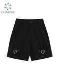 Vintage Gothic Black Shorts Wide Leg Knee Length Pants Loose Hip Hop Streetwear Harajuku High Waist Femme Y2k Punk