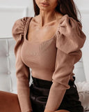 Women Knitted Puff Long Sleeve Shirt Fashion Casual Slim Fit Blouse Solid Puff Sleeve Bodycon Tops Pullover Bodysuit