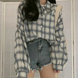 Checkered Puff Sleeve Button BlouseOutfit