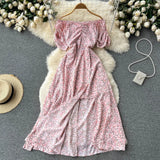 Zingj Dress Female Summer French Grandiflorum One Word Shoulder Short Sleeve Fairy Dress Super Fairy Tea Break Slit Over The Knee Long