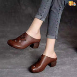 Zingj Leather Head Semi-Slippers Female 2023 Summer Retro Medium-High Heels Hollowed-Out Thick Heels Cool Middle-Aged