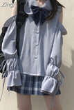 Women Shirts Off Shoulder Peter Pan Collar Sweet Lolita Style Lovely Solid Long Lantern Sleeve Bow Lace Up Female Leisure