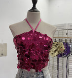 Industry Bling Bling Glide Hanging Neck Sling Vest One-Style Wrapping Tie With Large Bare Back Blouse