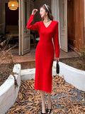 Zingj Vintage 2024 Autumn Design With Long-Sleeved V-Collar Knitted Dress, High Waist And Hip Hair