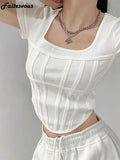 New Bright Line White T-shirt Women Fashion Slim Square Neck Short Sleeve Cropped Tops