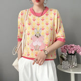 Summer Women Knitted Sweater European Style Cartoon Pattern Fashion Jacquard Round Neck Short Sleeve Casual Jumpers