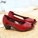 Genuine Leather Comfortable Ladies Mid Heel Sandals Women Shoes Hollow Peep Toe Square Heel Sandals Woman