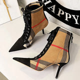 2022 Winter Ankle Women Boots Fashion Slim Heel High Heel Pointed Plaid Plaid Lace Up Fashion Cross Strapping