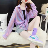 Woman Blouses Sparkles Shinning Chiffon Shirts Button Up Women's Blouse shirts Tied Up Waist Transperant