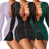Ribbed Bodycon Dresses Stripe Low-Cut Hollow Out Long Flared Sleeve Club Partywear Fashionable Lace Up Fall