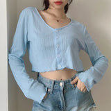 Style Women's Knitted Crop Tops Solid Sexy V-Neck Short Cardigan Mujer Loose Long Sleeve Thin Sweater Woman Top