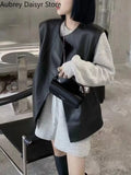 Black Leather Vest Women Chic Irregular Design Biker Leather Vest Fashion Trend Loose Thin Pockets Sleeveless