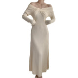 Zingj Hepburn Style Advanced Sexy Shoulder Black Long-Sleeved Knitted Dress Women's Autumn Temperament Slim