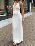 Vintage V Neck Backless Tie Halter & Split Maxi Skirt