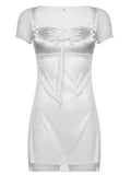 y2k Bow Mesh Mini Dress Hollow Out Square Collar Retro Prepply Sundress Short Sleeve Women Summer Academic Cute