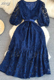 Summer Vintage Women V-Neck Puff Sleeve Hollow Out Lace Long Dress Elegant V-Neck High Waist A-Line Maxi Party