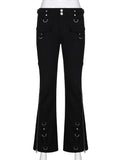 Rivet Goth Black Jeans Dark Academic Girl Techwear Side Zipper Low Waist Straight Denim Trousers Women