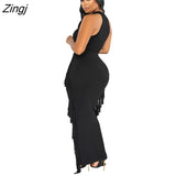 Women 2023 Summer Tassel Side Maxi Skirts Suit Sleeveless Tops Beach Matching Two 2 Piece Set