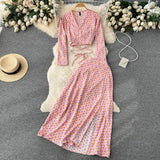 Zingj And Autumn Holiday Style Vintage Flower Suit Women's Long-Sleeved French Thin V-Neck Blouse + Forked Skirt Two