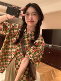 Korean Style Checkerboard Checked Shirt Vintage Things Chiffon Blouse Cheap Women's Clothing and Free Shipping