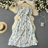 Zingj Dress Female Summer French Grandiflorum One Word Shoulder Short Sleeve Fairy Dress Super Fairy Tea Break Slit Over The Knee Long