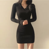 Korean Chic Autumn And Winter Vintage Little V-Collar Slim, Bottomed Knitted Dress, Sweater And Hip