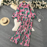Zingj Style Two-Piece Suit Women's Autumn French Retro Print Loose Long-Sleeved Skirt High-Waist Straight Casual