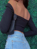 V-neck Long Sleeve Crop Tops Spring Fall Casual Fashion Women Square Collar Slim Ribbed T-Shirts Backless
