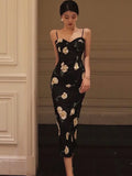 Women's Spaghetti Strap Midi Prom Black Dress Female Fashion Elegant Slim Party Clothes