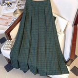 Green Plaid Long Pleated Skirts Womens Autumn Elastic High Waist Knitted Midi Skirt Female Street Black White Warm