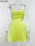 Strap Backless Satin Dress Sexy Cut Out Mini Summer Dresses For Women 2022 Elegant Cowl Neck Party Dress Green
