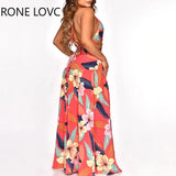 Women Elegant Sexy Deep V Neck Halter High Silt Midriff All Ver Print Maxi Sexy Vacation