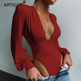 Black Deep V Neck Bodysuit Women Sexy Puff Sleeve Bodycon Jumpsuit Solid Elastic Casual Party Winter Bodysuits Body