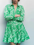 Mini Dress Women 2022 Summer Long Sleeve Elegant Pleated Beach Vestido With Sashes Floral Print Sexy Boho Dresses