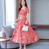 fashion floral dress waist long short sleeve a word casual