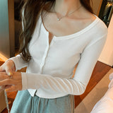 Short-Shouldered Long-Sleeved T-Shirt Women's New Autumn Cardigan Slim And Thin Round-Neck Bottomed