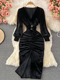 Winter Women Black/Red Draped Bodycon Midi Dress Vintage V-Neck Mesh Patchwork Long Sleeve High Waist Vestidos 2023