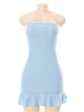 Women Strapless Off Shoulder Short Mini Dress Backless Solid Ruffles Hem Skinny Cocktail Party Dress Female