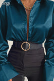 Satin Long Sleeve Blouses Women 2023 Autumn Vintage Blue Green Silk Shirt Women Casual Loose Button Up Street