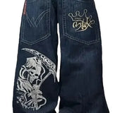Hip-Hop Skull Printed Jeans For Men And Women High Street Tide Brand Loose Wide-Legged Floor