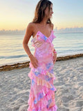 Gradient Mesh Ruffles Patchwork Sling Dress Women Summer V Neck Backless Long Dresses 2024 Fashion Female Holiday