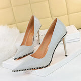 Zingj Retro Stone Grain High Heels Women's Shoes Heel High Heel Shallow Pointed Metal Beads Rivet Women's Singles