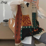 Vest Women Loose Sleeveless V-neck Print Panelled Trendy Retro All-match Japanese Style Unisex Couple Harajuku