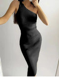 Zingj Slanting Shoulder Solid Color Knitted Dress Ins Xia Xian Slim Body Including Hip Middle Skirt Sleeveless