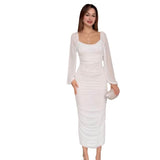 2025 New Women's Folds Solid Color Waist Temperament Fashion Dress