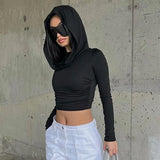 Zingj Waste Earth Wind Hooded Pile Collar Pleated T-Shirt Female Slim Long Sleeve Crop Button Solid Color Base