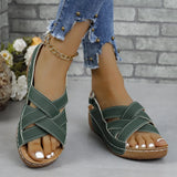 New Summer Women's Slope Heel Sandals Thick-Soled Buckle Sandals Round Head Solid Color Slope Heel